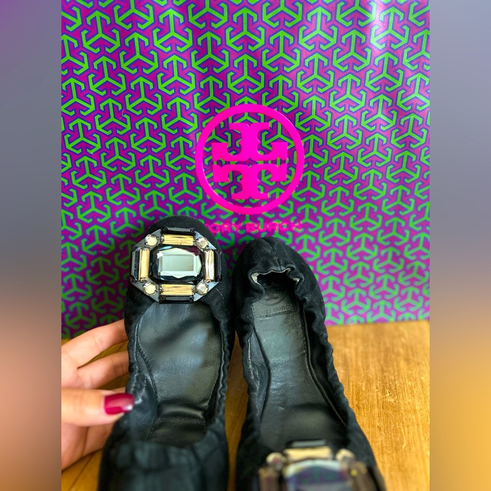 Tory Burch Black Flats with Jewel Accent